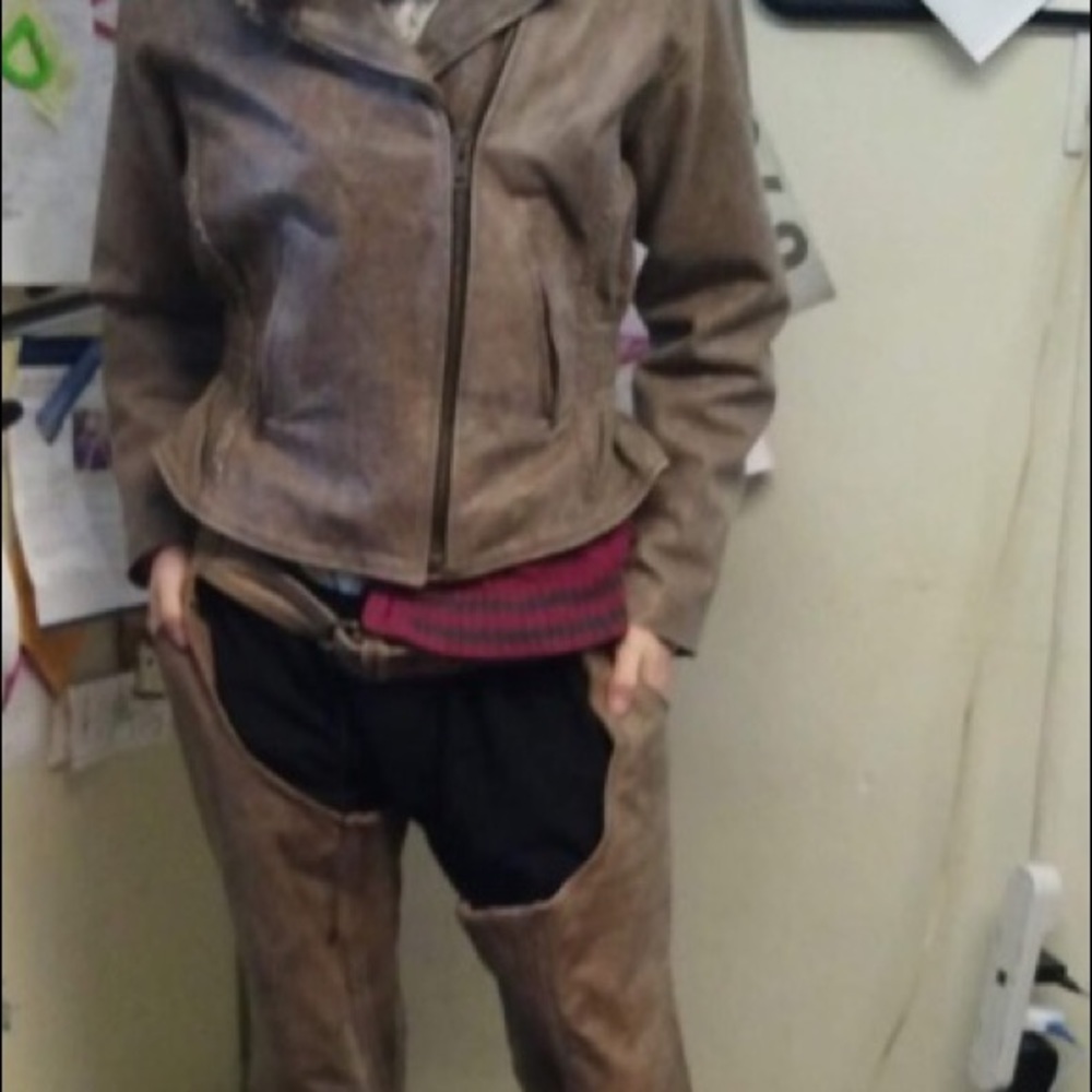 Leather motorcycle jacket with matching chaps